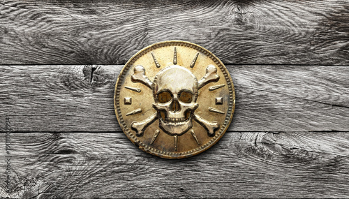 Golden pirate tresure vintage coin on grungy, cracking ship wood background