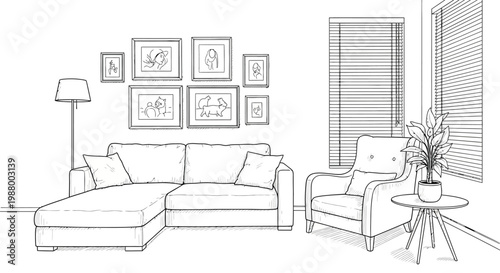 A minimalist living room sketch showcases a sectional sofa framed artwork a floor lamp and potted plants
