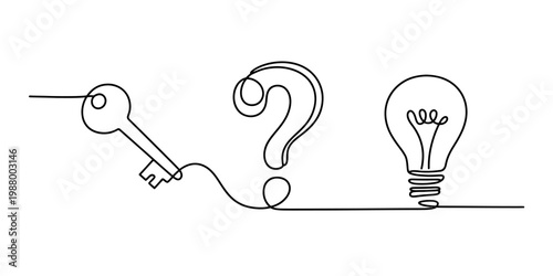 A single continuous line drawing featuring a key, a question mark, and a lightbulb on white background Vector, illustration