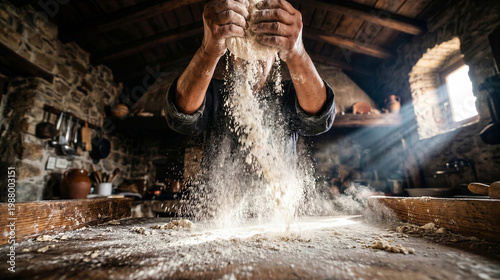 Hands sifting flour in rustic kitchen during traditional cooking moment. Concept of returning to roots, simple living, and authentic travel experiences.