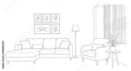 A minimalist living room sketch features a sectional sofa armchair wall art and a floor lamp