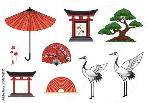 Traditional Japanese Cultural Symbols Set: Torii Gates, Red-Crowned Cranes, Bonsai Tree, Wagasa Umbrella, and Folding Fan Vector Illustrations