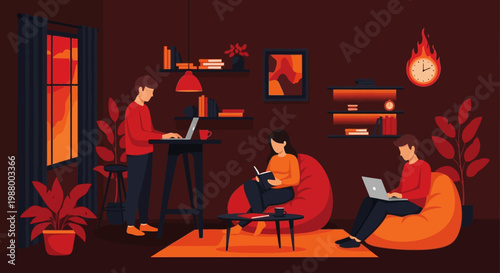 Young people working and studying in a cozy living room.