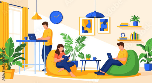 Young people working and studying in a cozy living room.
