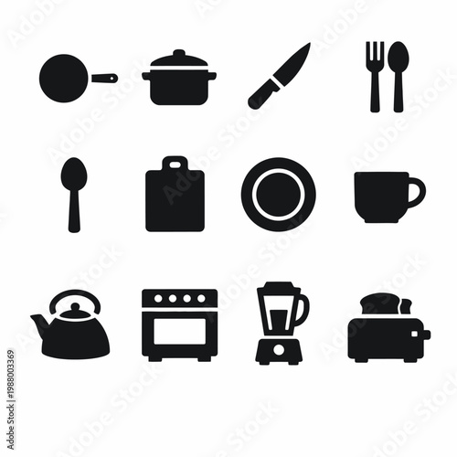 Black kitchen icons: utensils, appliances, cookware, and tableware silhouettes