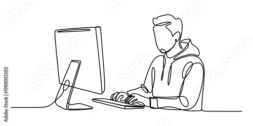 A continuous line drawing of a person sitting at a desk while typing on a computer keyboard daily Vector, illustration