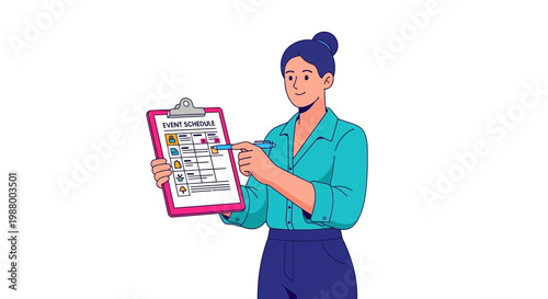 Woman holding clipboard and pointing at checklist.