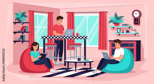 Young people working and studying in a cozy living room.