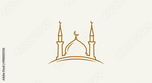 Elegant minimalist line art icon of a mosque with golden dome, minarets, and crescent moon. Islamic worship symbol, faith, religion.