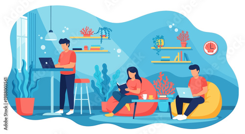 Young people working and studying in a modern co-working space.