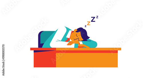 Woman sleeping at her desk with computer and pillow.