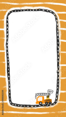 cute blank empty photo picture frame under construction site crane truck design invitation birthday gift party greeting card crayon doodle watercolor illustration clipart