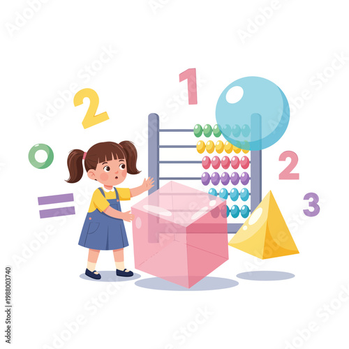 Child Learning Math with Abacus and Geometric Shapes