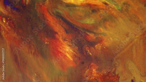 Liquid acrylic paint macro texture with vibrant orange, yellow, red and metallic gold tones, modern abstract fluid art background