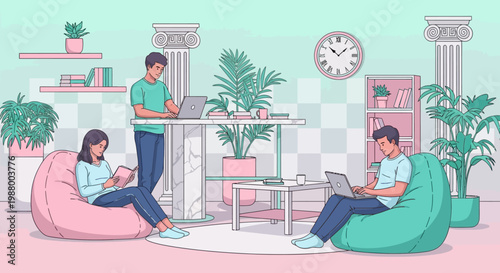 Young people working and studying in a modern co-working space.