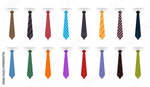 Colorful tie collection on white background, diverse patterns and styles.