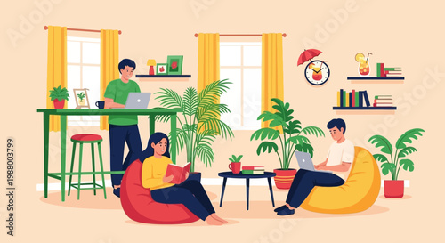 Young adults studying and working in a cozy living room environment.