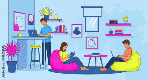 Young adults studying and working in a modern co-working space.