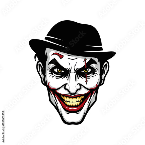 Sinister Clown Face with Hat, Evil Grin, White Makeup, Scar, Horror Villain