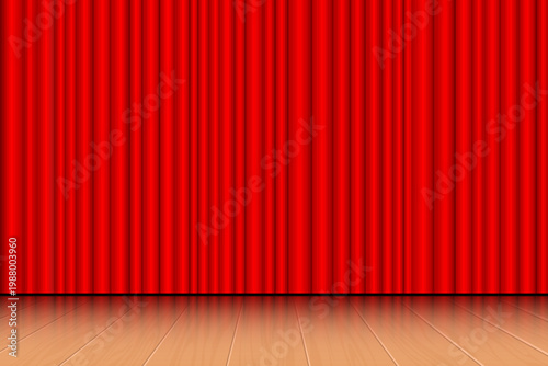 Vibrant red curtains drape elegantly above a polished wood floor stage.