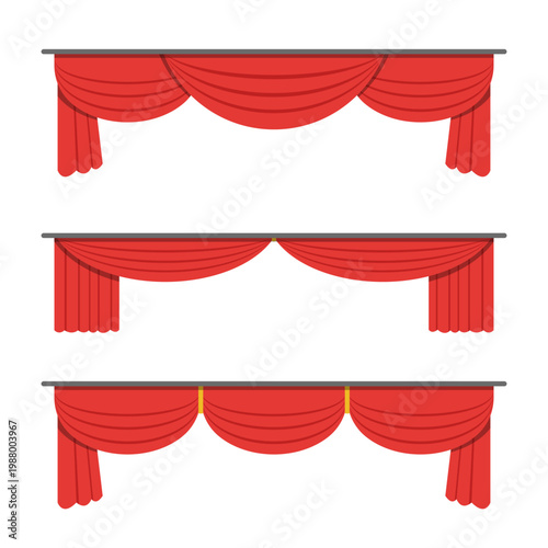 A vibrant theatrical presentation with different shapes of red stage curtains.