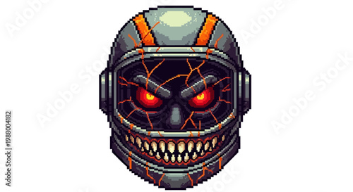 Terrifying Pixel Art Astronaut Helmet with Fiery Eyes and Sharp Teeth.