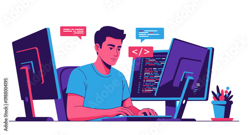 Young man programmer working diligently on multiple computer screens.