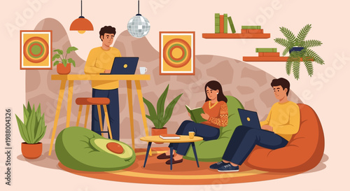 Young people collaborating and studying in a modern coworking space.