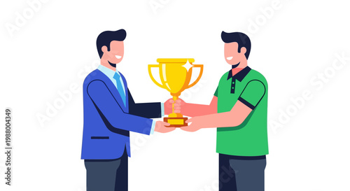 Two men receiving a golden trophy award.