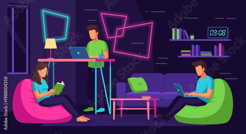 Young people working and studying in a modern co-working space.