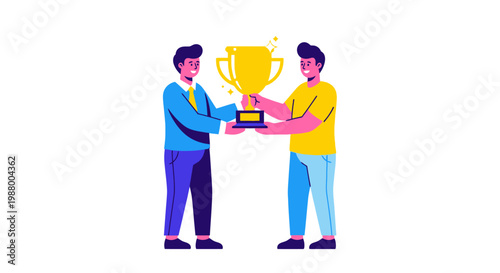 Two men holding a golden trophy together celebrating success.