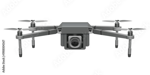 Gray drone with camera, propellers and landing gear on white background