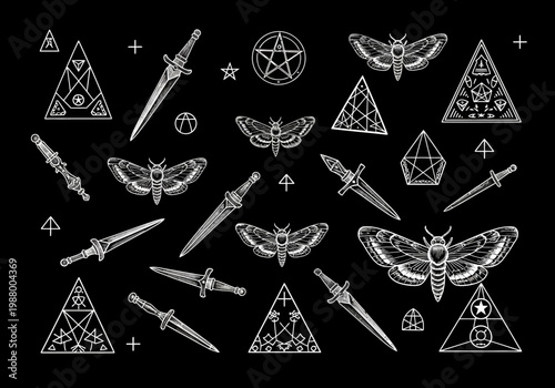 Hand-Drawn Occult Illustration Set with Death's-Head Moths, Ritual Daggers, and Sacred Geometry Symbols on Black Background