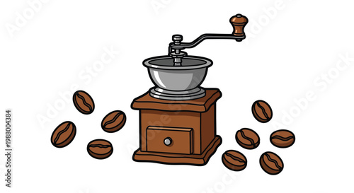 A colorful cartoon illustration depicts a vintage coffee grinder with scattered coffee beans nearby