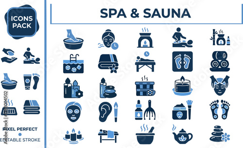 Spa sauna massage therapy and beauty treatment solid blue vector icons