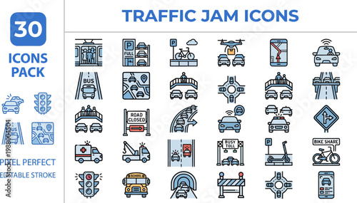 Traffic jam city transport and road intersection color line vector icons