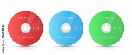 Three software DVDs colored in red, blue and green stand side by side.