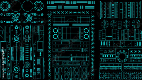 A complex arrangement of glowing blue technical schematics on a black background