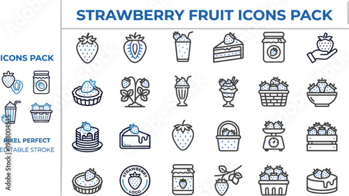 Fresh strawberry harvest and raw fruit farming line vector icon set