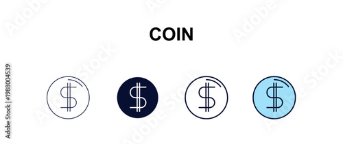 coin  multi-style outline icon set - cryptocurrency concept. Thin line, regular, filled, colored coin  icon