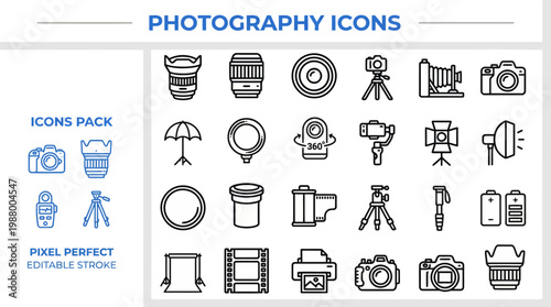 Photography studio camera gear and photo equipment line vector icons