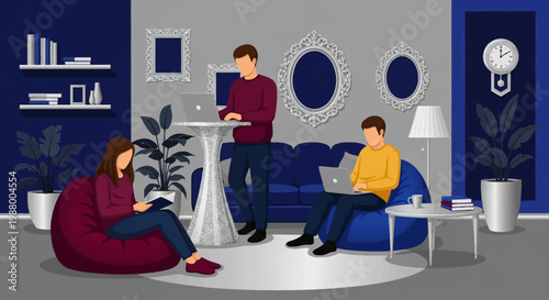Three people interacting in a modern living room setting.