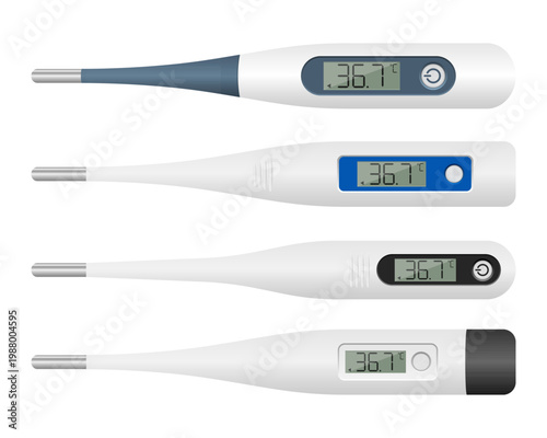 Group of digital thermometers displaying normal body temperature reading.