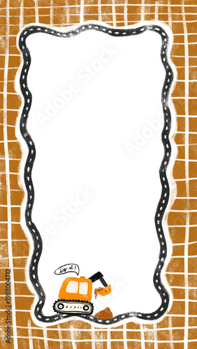 cute blank empty photo picture frame under construction site excavator truck design invitation birthday gift party greeting card crayon doodle watercolor illustration clipart