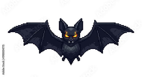 Scary Black Bat with Glowing Eyes and Spreading Wings.