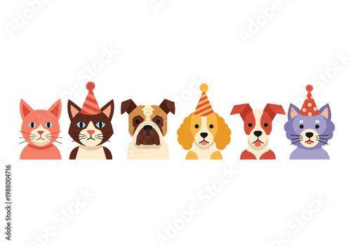 Set of Cute Flat Design Pets Wearing Birthday Hats, Cats and Dogs Celebration Graphic, Vector Illustration of Domestic Animals in a Row for Party Invitation