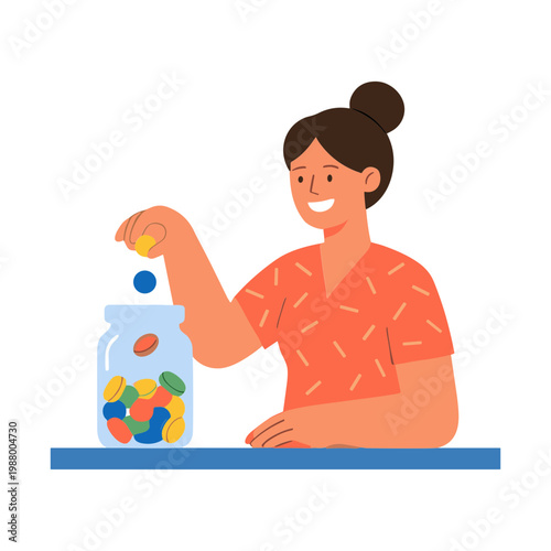 A cheerful man smiles while looking back over his shoulder in an illustration.