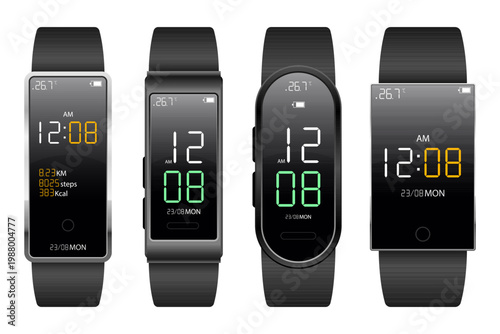 Four fitness trackers displaying time, steps, and other health data.