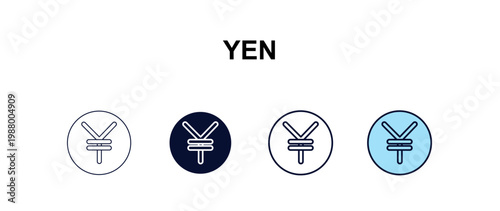 yen  multi-style outline icon set - cryptocurrency concept. Thin line, regular, filled, colored yen  icon