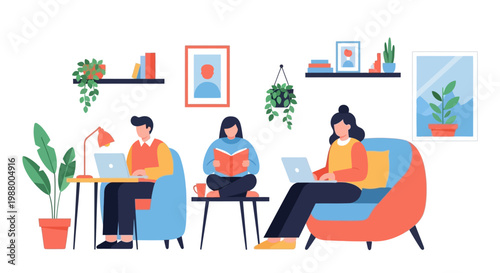 Three people studying and working in a cozy home environment.